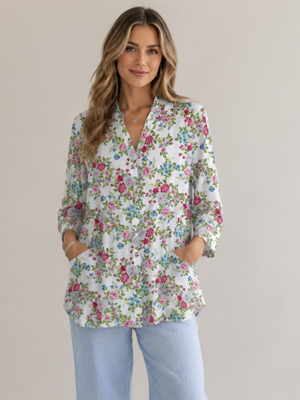 Floral Tunic Top S White Rose Print 100% Cotton 3/4 Sleeve Pockets Cottagecore